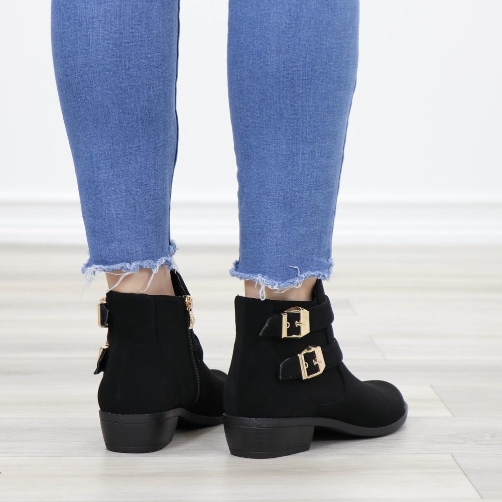 Black Velvet Ankle Boots Gold Buckles Booties - Picture 8 of 13